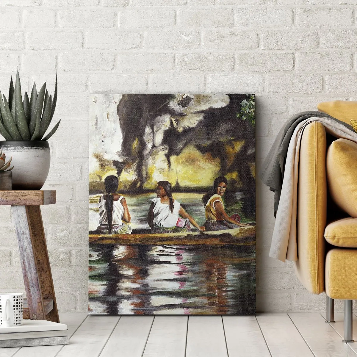 Impression sur toile - Image sur toile - Femmes dans un bateau sur une rivière calme avec un arrière-plan pittoresque - 50x70cm - Dans un paradis polynésien - Décoration murale moderne pour le salon et la chambre ARTTOR
