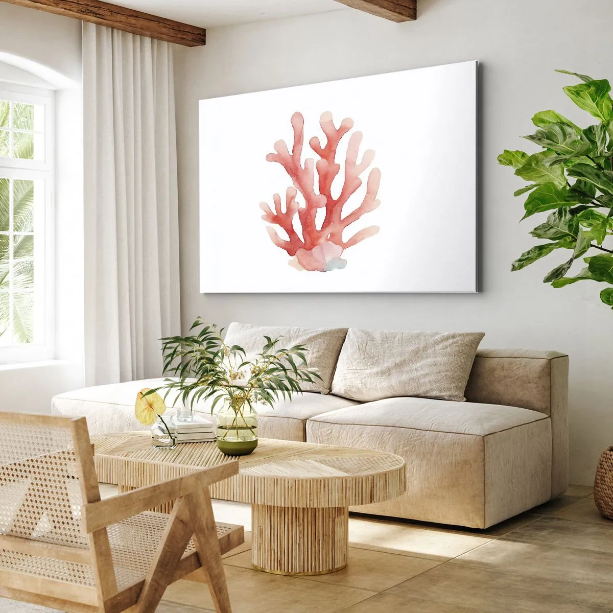Impression sur toile - Image sur toile - Une illustration subtile de corail dans des tons pastel - 70x50cm - Corail couleur corail - Décoration murale moderne pour le salon et la chambre ARTTOR