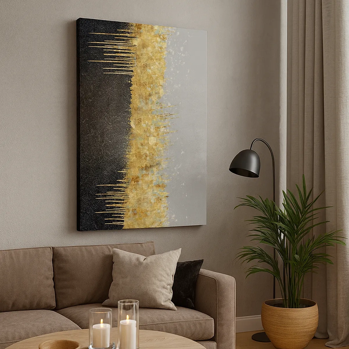 Impression sur toile - Image sur toile - Composition abstraite dans les tons d'or et de noir - 50x70cm - Vers l'intérieur et vers le haut - Décoration murale moderne pour le salon et la chambre ARTTOR