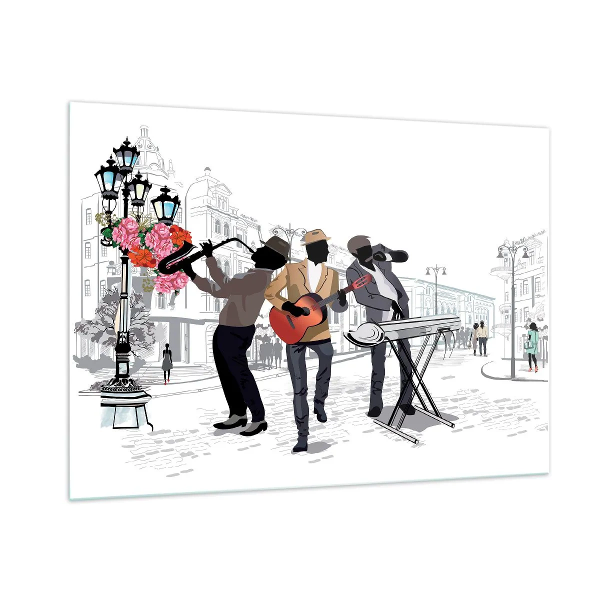 Impression sur verre - Image sur verre - Un groupe de jazz jouant dans la rue - 100x70cm - Musique de rue - Décoration murale moderne pour le salon et la chambre ARTTOR