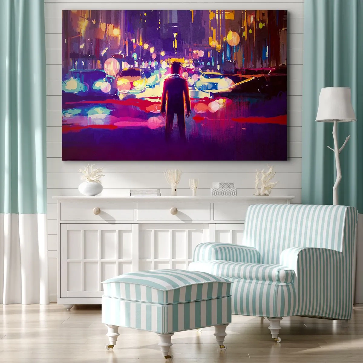 Impression sur toile - Image sur toile - Un homme dans une scène nocturne de ville au néon - 100x70cm - Immergé dans la lumière - Décoration murale moderne pour le salon et la chambre ARTTOR