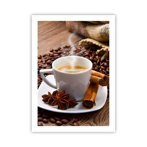 Affiche - Poster - Une tasse de café aux épices sur un fond de grains de café - 50x70cm - Saveur et arôme épicés - Décoration murale moderne pour le salon et la chambre ARTTOR