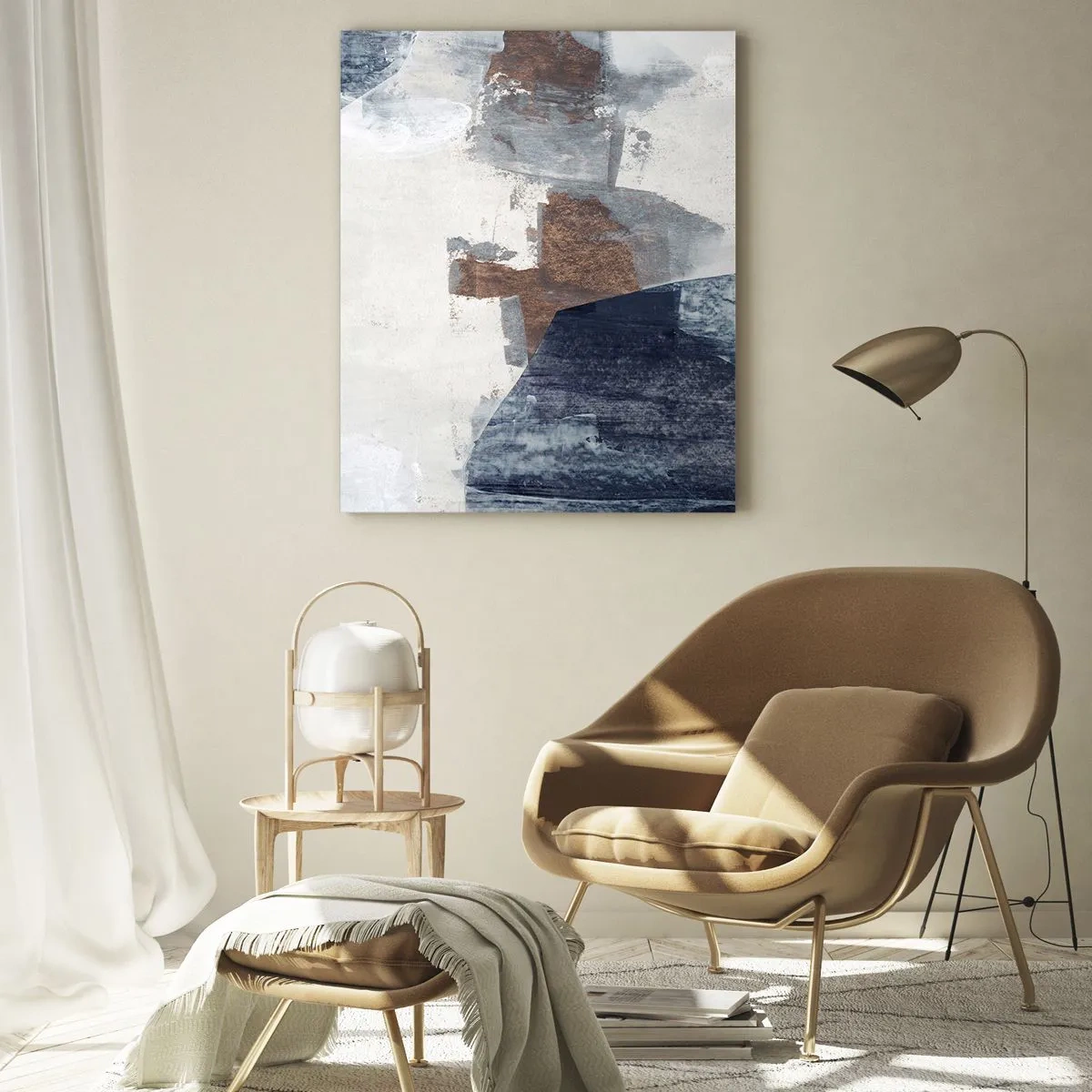 Impression sur verre - Image sur verre - Formes géométriques en bleu, marron et blanc - 50x70cm - Formes bleues et brunes - Décoration murale moderne pour le salon et la chambre ARTTOR