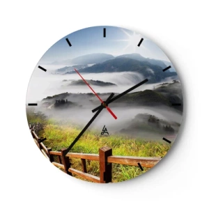 Horloge murale - Pendule murale - Vue d'une vallée brumeuse avec une clôture en bois - 30x30cm - Tissé d'éblouissement et de brouillard - Décoration murale moderne pour le salon, la cuisine et la chambre ARTTOR