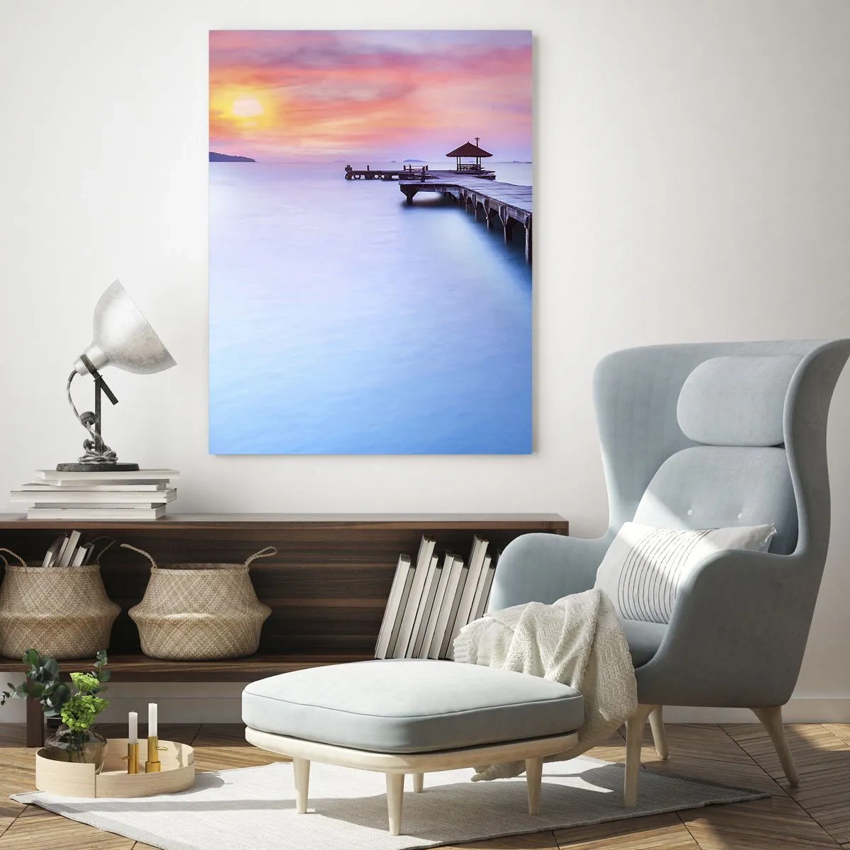 Impression sur verre - Image sur verre - Jetée en bois au lever du soleil sur une eau calme - 50x70cm - Une mer de calme jusqu'à l'horizon - Décoration murale moderne pour le salon et la chambre ARTTOR