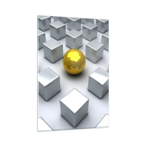 Impression sur verre - Image sur verre - Une sphère dorée se détachant parmi les cubes d'argent - 80x120cm - Pourquoi moi? Composition géométrique - Décoration murale moderne pour le salon et la chambre ARTTOR