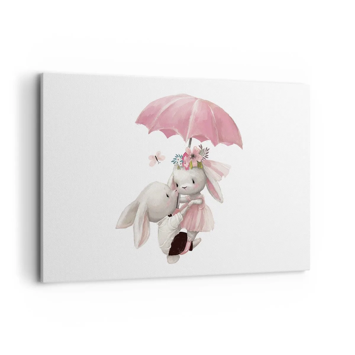 Impression sur toile - Image sur toile - Des lapins mignons sous un parapluie rose - 120x80cm - C'est ça l'amour - Décoration murale moderne pour le salon et la chambre ARTTOR