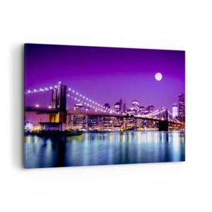 Impression sur toile - Image sur toile - Pont de Brooklyn la nuit avec la ville illuminée et la pleine lune - 120x80cm - Lumières de grande ville en violet - Décoration murale moderne pour le salon et la chambre ARTTOR