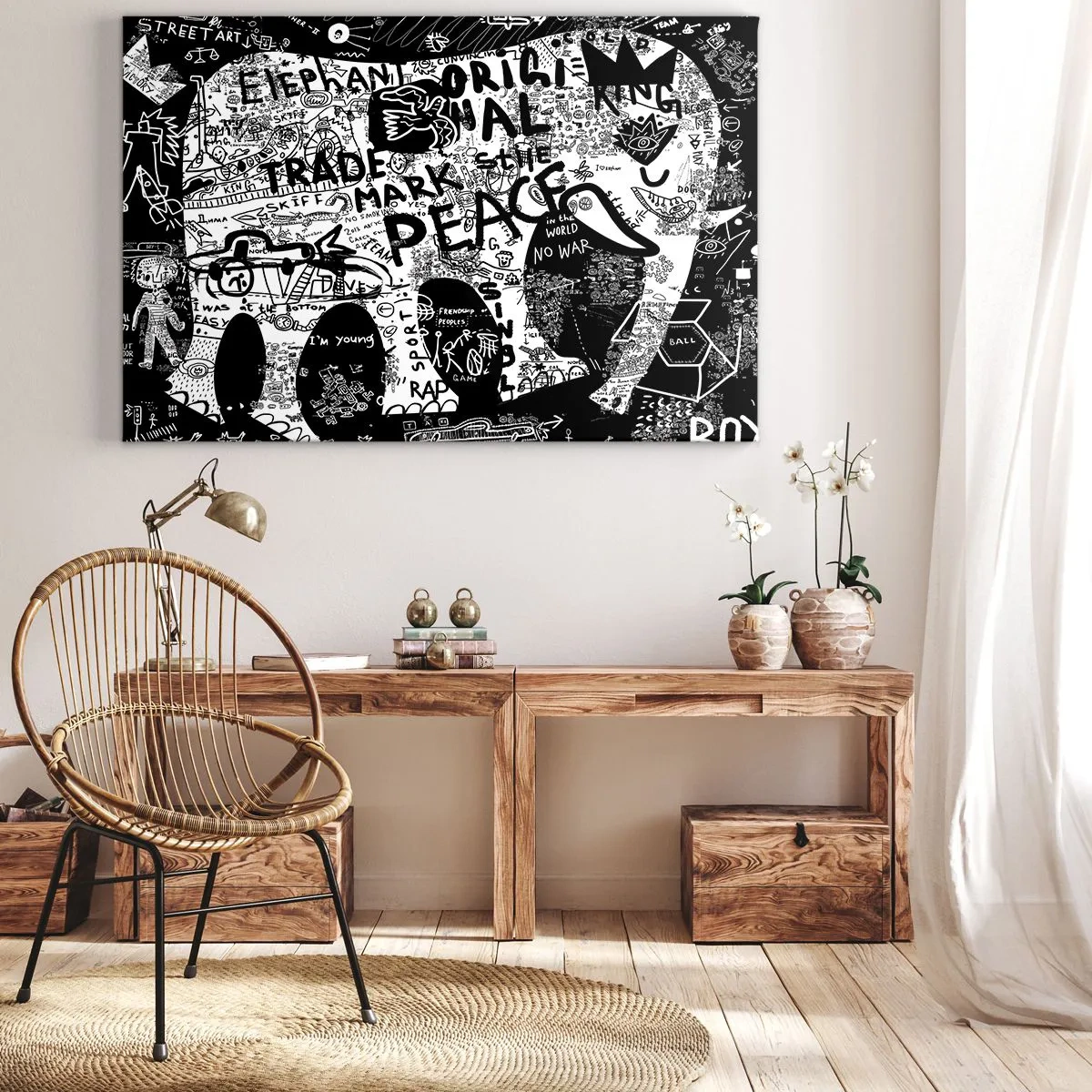 Impression sur toile - Image sur toile - Graphiques en noir et blanc avec des motifs graffitis - 70x50cm - La richesse des rues - Décoration murale moderne pour le salon et la chambre ARTTOR