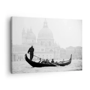 Impression sur toile - Image sur toile - Une gondole avec la basilique en arrière-plan en noir et blanc - 70x50cm - Voyage aux sources de la beauté - Décoration murale moderne pour le salon et la chambre ARTTOR