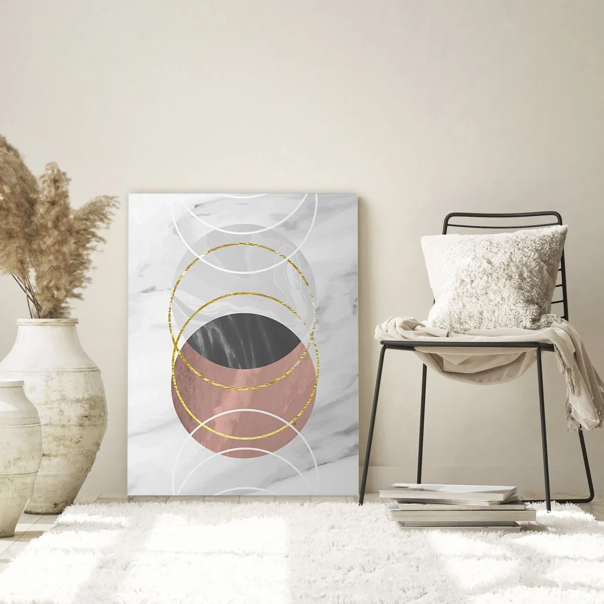 Impression sur verre - Image sur verre - Composition géométrique abstraite avec des cercles et des détails métalliques - 70x100cm - Musique des sphères - Décoration murale moderne pour le salon et la chambre ARTTOR