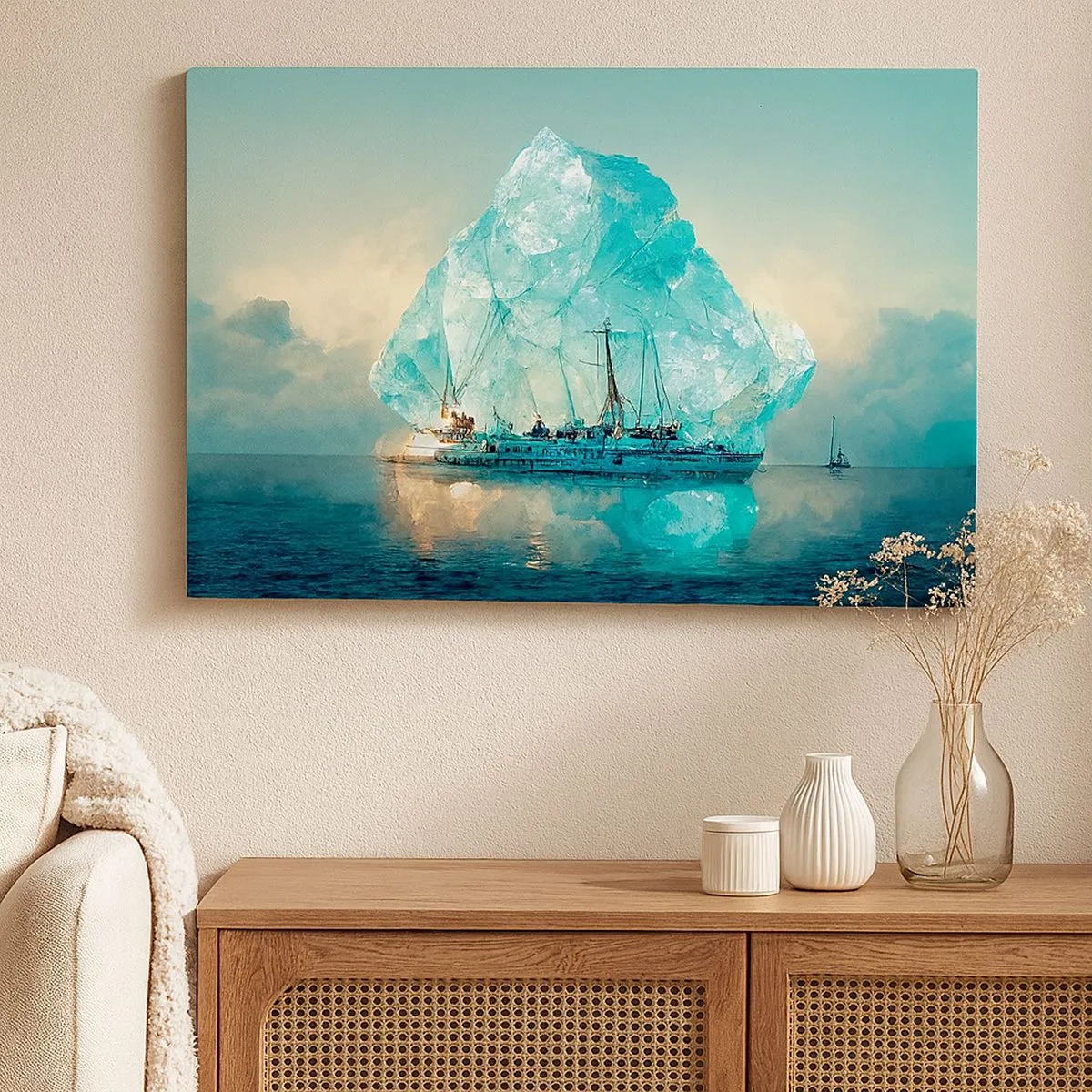 Impression sur toile - Image sur toile - Un navire avec un iceberg majestueux en arrière-plan - 70x50cm - Diamant arctique - Décoration murale moderne pour le salon et la chambre ARTTOR