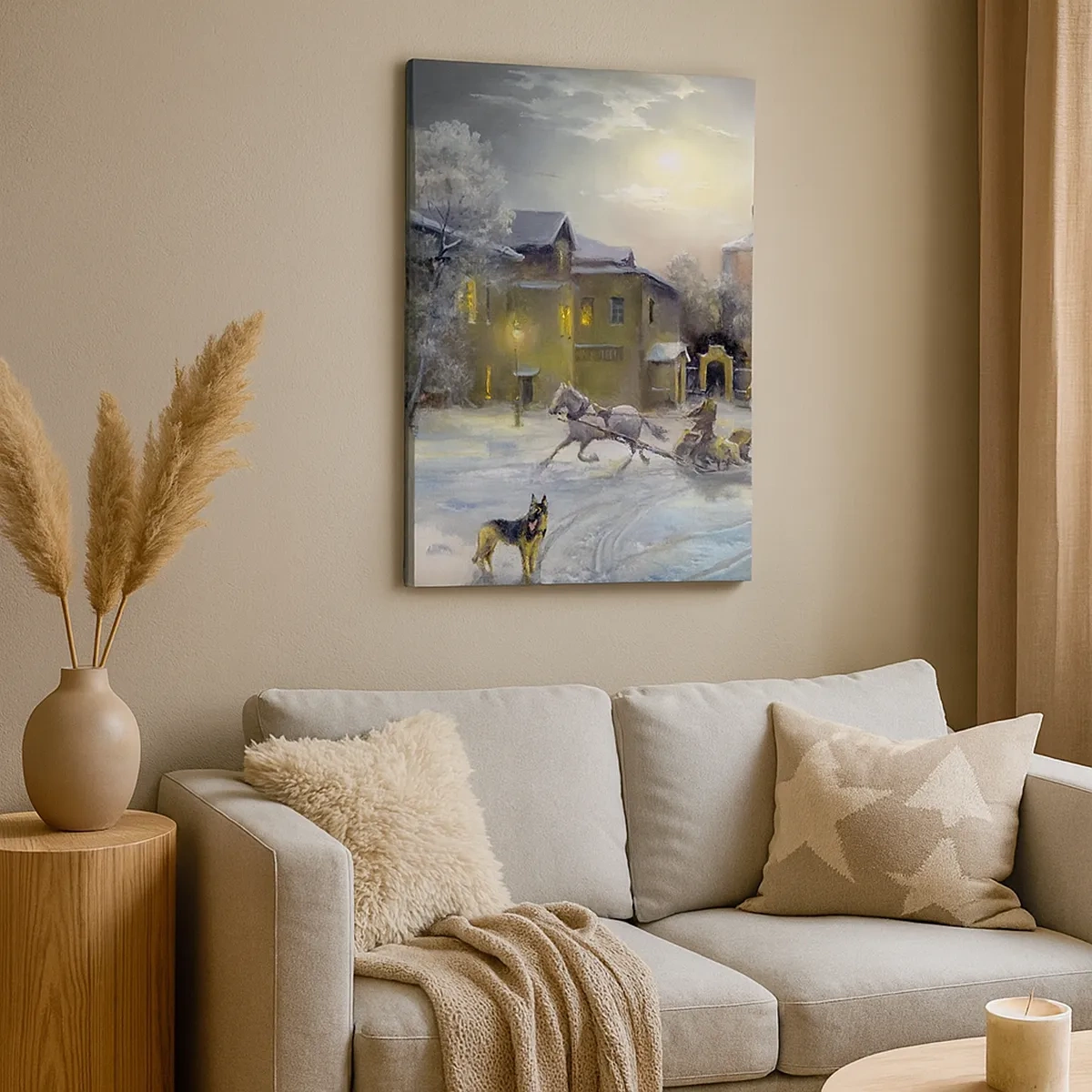 Impression sur toile - Image sur toile - Paysage d'hiver dans une ville russe avec un traîneau et une église - 50x70cm - La magie de l'hiver russe - Décoration murale moderne pour le salon et la chambre ARTTOR