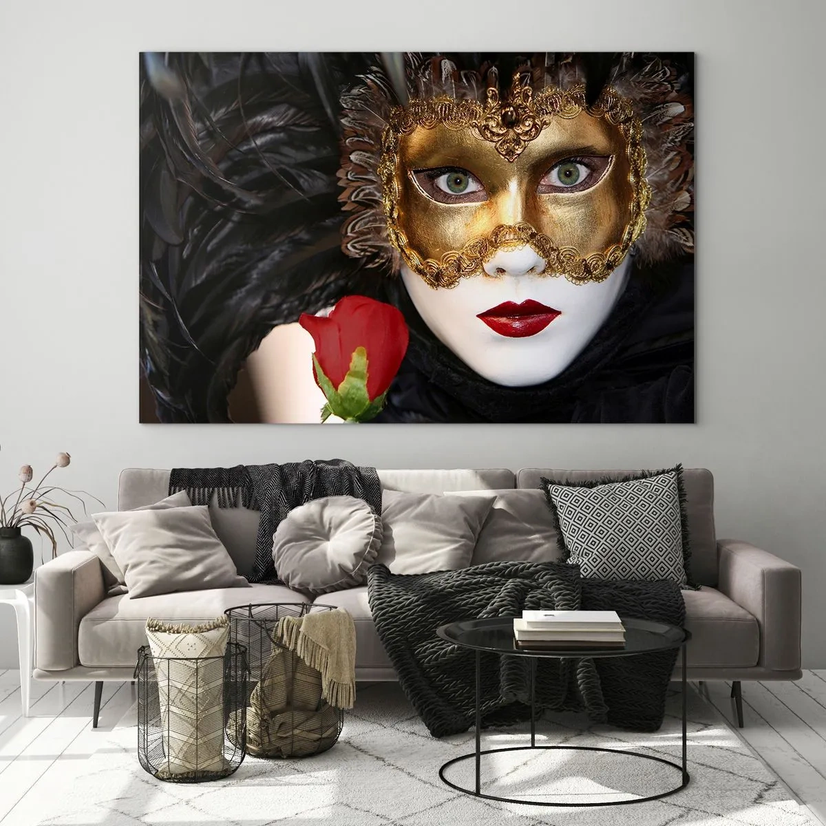 Impression sur verre - Image sur verre - Masque de carnaval avec une rose rouge - 70x50cm - Parce que la vie est un grand bal - Décoration murale moderne pour le salon et la chambre ARTTOR