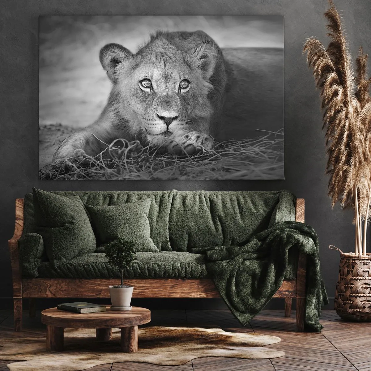 Impression sur toile - Image sur toile - Portrait monochrome d'un jeune lion couché - 100x70cm - Chiot royal - Décoration murale moderne pour le salon et la chambre ARTTOR