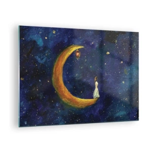 Impression sur verre - Image sur verre - Une figure sur la lune dans le ciel nocturne - 70x50cm - Appel du monde - Décoration murale moderne pour le salon et la chambre ARTTOR
