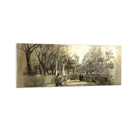 Impression sur verre - Image sur verre - Une scène de dessin animé d'un parc avec des gens marchant dans des tons chauds. - 140x50cm - Un moment arrêté avec une plume - Décoration murale moderne pour le salon et la chambre ARTTOR