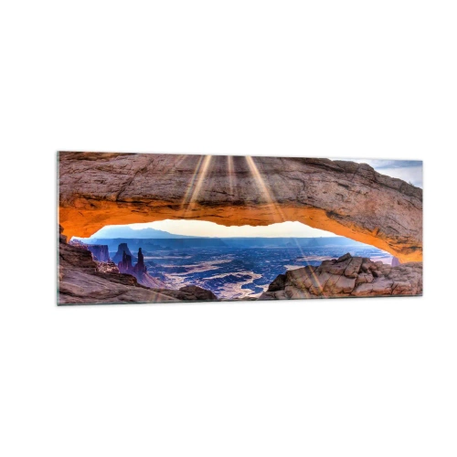 Impression sur verre - Image sur verre - Arche rocheuse surplombant le canyon au lever du soleil - 140x50cm - Par la porte rocheuse - Décoration murale moderne pour le salon et la chambre ARTTOR