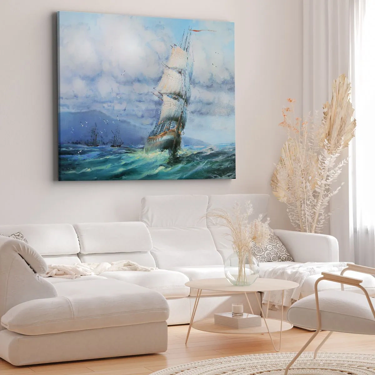 Impression sur toile - Image sur toile - Un navire sur une mer agitée - 120x80cm - Vents favorables - Décoration murale moderne pour le salon et la chambre ARTTOR
