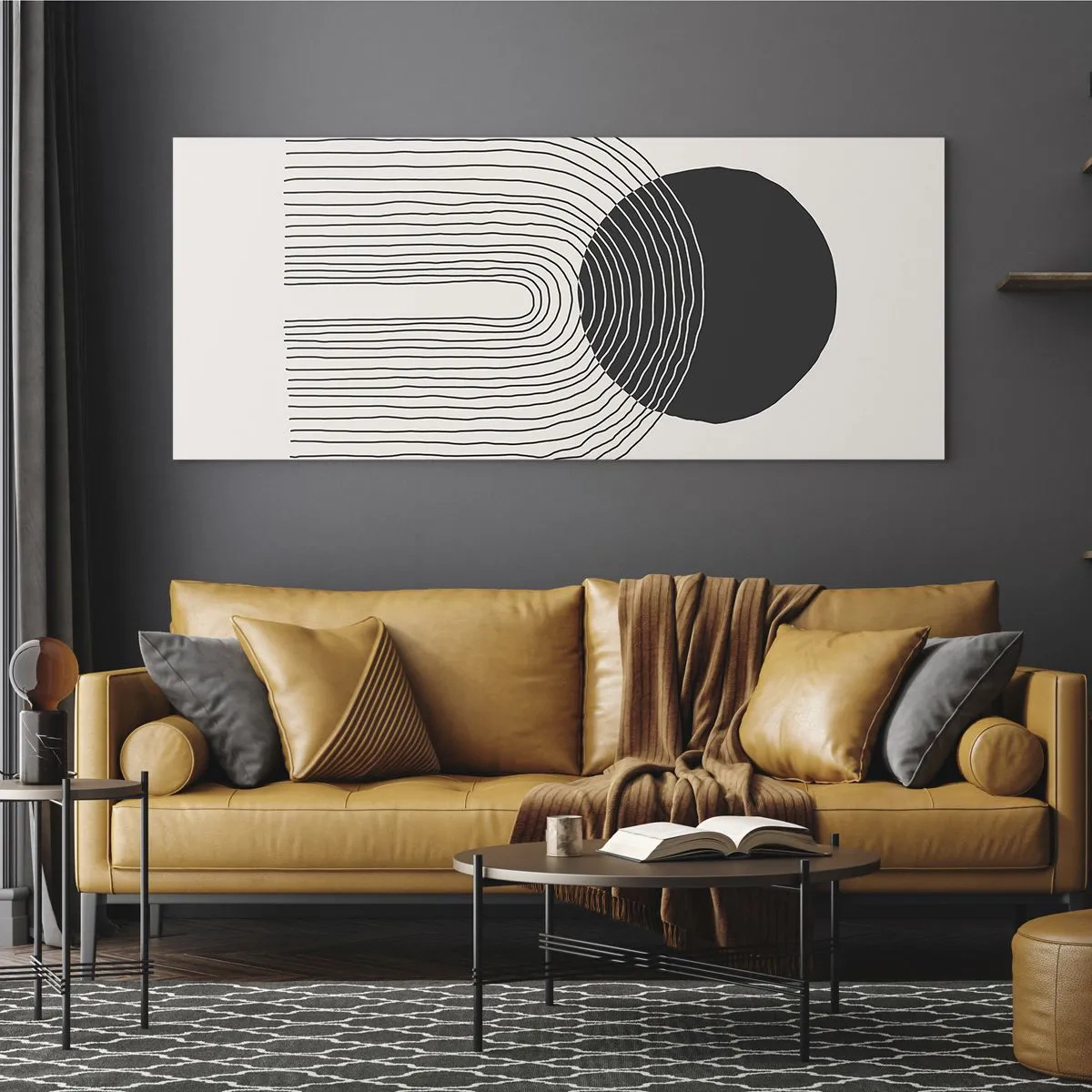 Impression sur verre - Image sur verre - Motif abstrait avec des lignes et un cercle noir sur un fond clair - 160x50cm - Tremblement et confiance - Décoration murale moderne pour le salon et la chambre ARTTOR