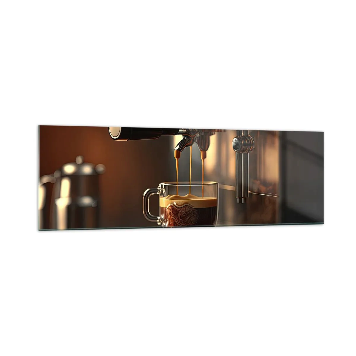 Impression sur verre - Image sur verre - Machine à café avec une tasse d'espresso aromatique - 160x50cm - Un mélange sensuel - Décoration murale moderne pour le salon et la chambre ARTTOR