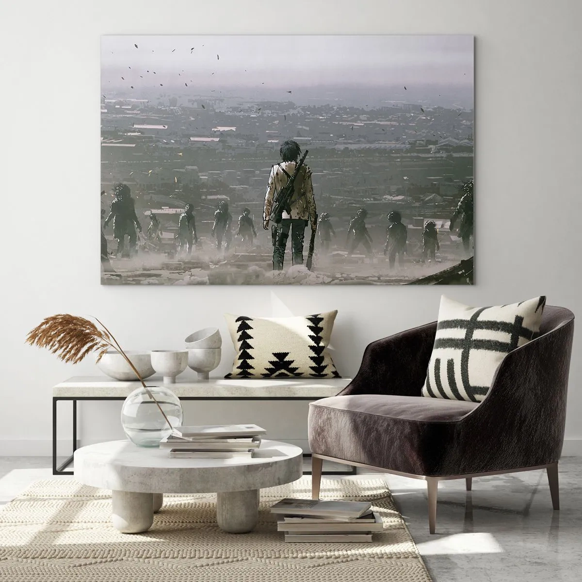 Impression sur verre - Image sur verre - Une silhouette avec un fusil dans le décor sombre d'un groupe qui s'approche - 70x50cm - Dernier samaritain ? - Décoration murale moderne pour le salon et la chambre ARTTOR