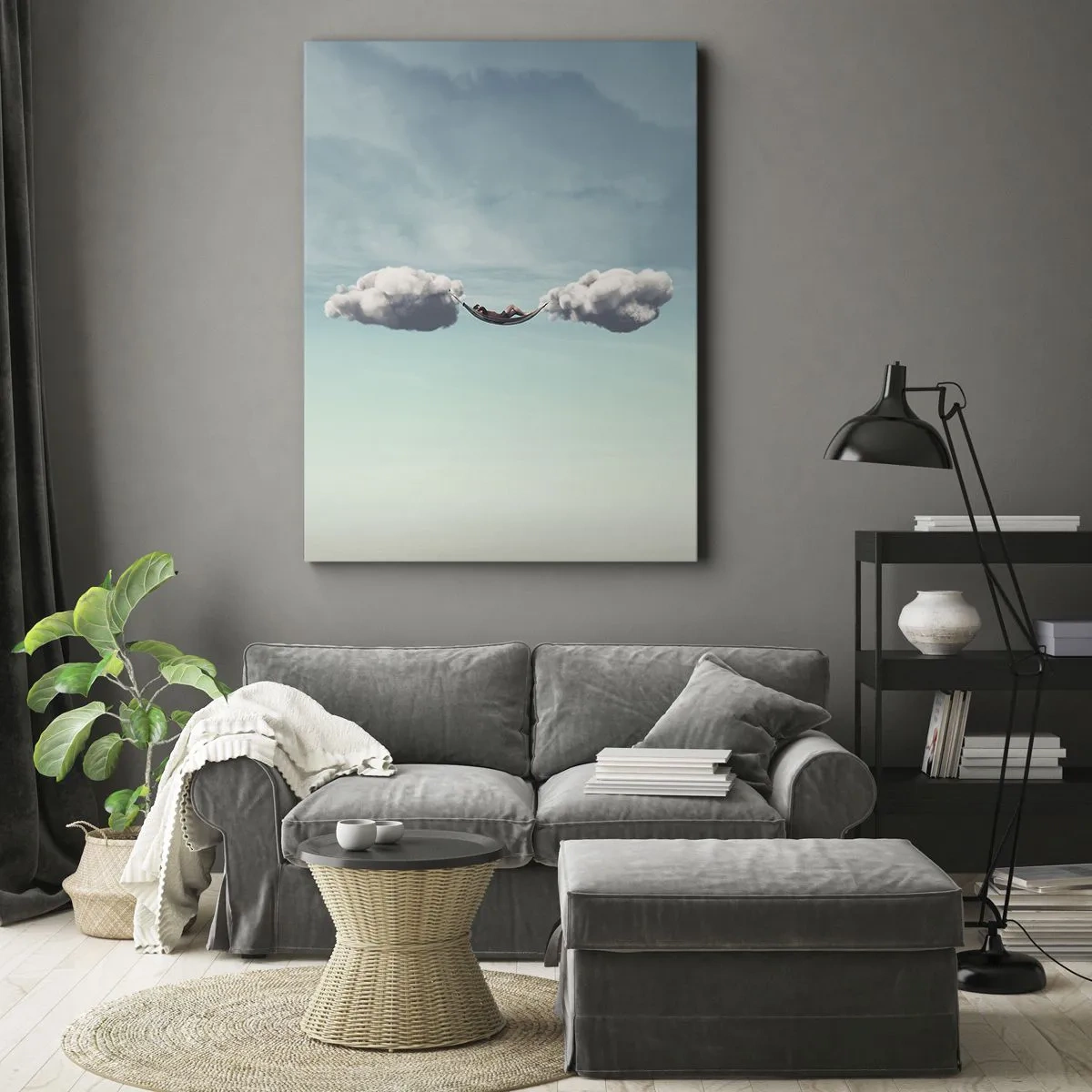 Impression sur toile - Image sur toile - Une personne se détendant dans un hamac suspendu dans les nuages - 50x70cm - Instant de bonheur - Décoration murale moderne pour le salon et la chambre ARTTOR