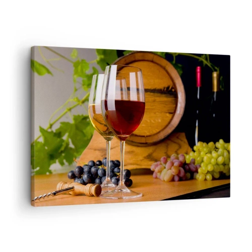 Impression sur toile - Image sur toile - Verres de vin avec des raisins, un tonneau et des bouteilles sur une table en bois - 70x50cm - Comme les vieux maîtres - Décoration murale moderne pour le salon et la chambre ARTTOR