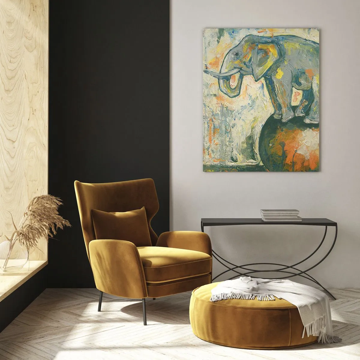 Impression sur verre - Image sur verre - Un éléphant en équilibre sur une balle dans un style artistique - 80x120cm - Que vive le cirque ! - Décoration murale moderne pour le salon et la chambre ARTTOR