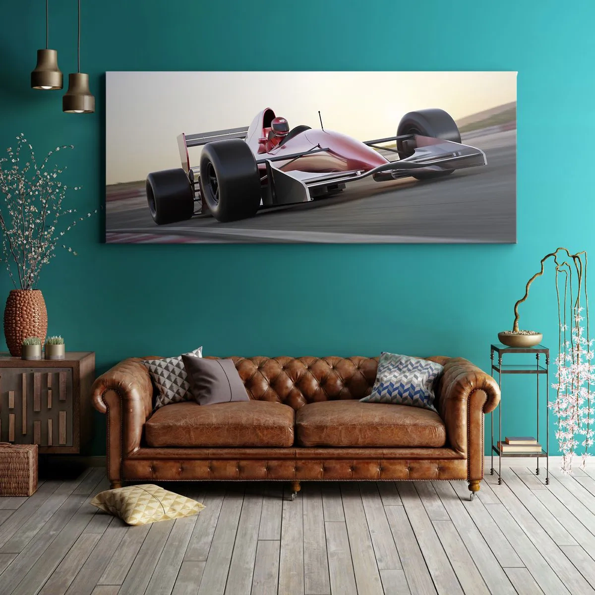 Impression sur toile - Image sur toile - Une voiture de Formule 1 rouge sur une piste de course en conduisant - 160x50cm - Toujours gagnant - Décoration murale moderne pour le salon et la chambre ARTTOR