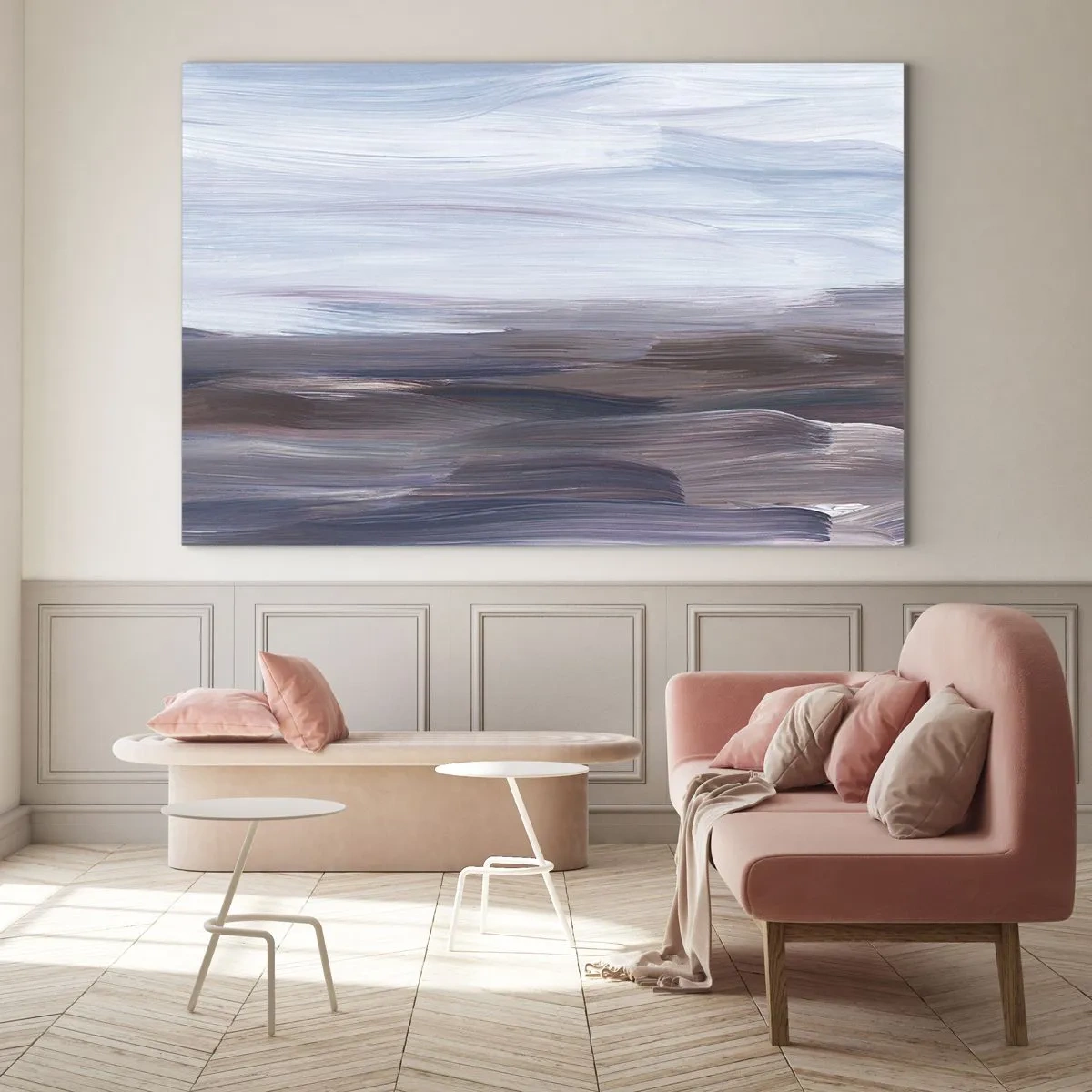 Impression sur verre - Image sur verre - Des traînées d'eau horizontales dans des tons de bleu et de marron dans un style abstrait - 70x50cm - Éléments : eau - Décoration murale moderne pour le salon et la chambre ARTTOR