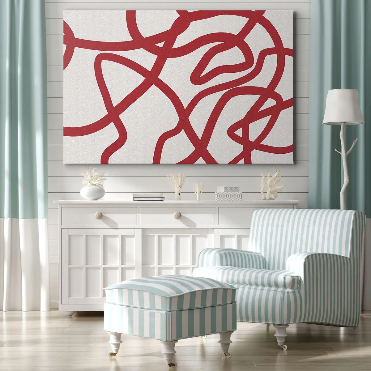 Impression sur toile - Image sur toile - Lignes abstraites rouges sur fond blanc - 100x70cm - Rouge sur blanc - Décoration murale moderne pour le salon et la chambre ARTTOR