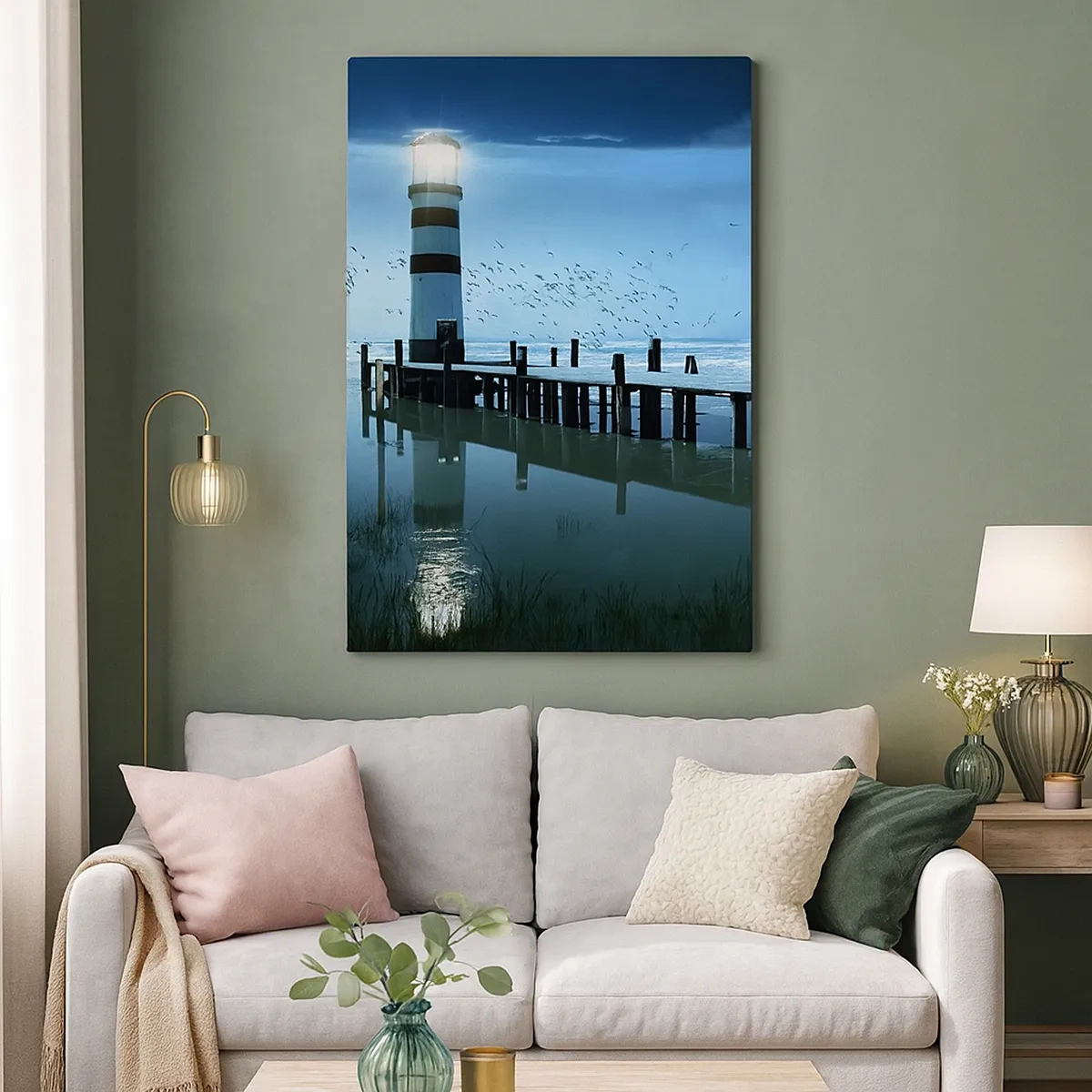 Impression sur toile - Image sur toile - Le phare de la jetée illuminé la nuit - 50x70cm - Et tu n'as pas peur du noir - Décoration murale moderne pour le salon et la chambre ARTTOR