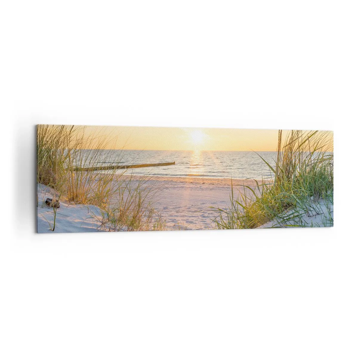 Impression sur toile - Image sur toile - Une plage de sable avec vue sur le coucher de soleil sur la mer - 160x50cm - Le bruit de la mer, le chant des oiseaux, une plage sauvage parmi les herbes… - Décoration murale moderne pour le salon et la chambre ART