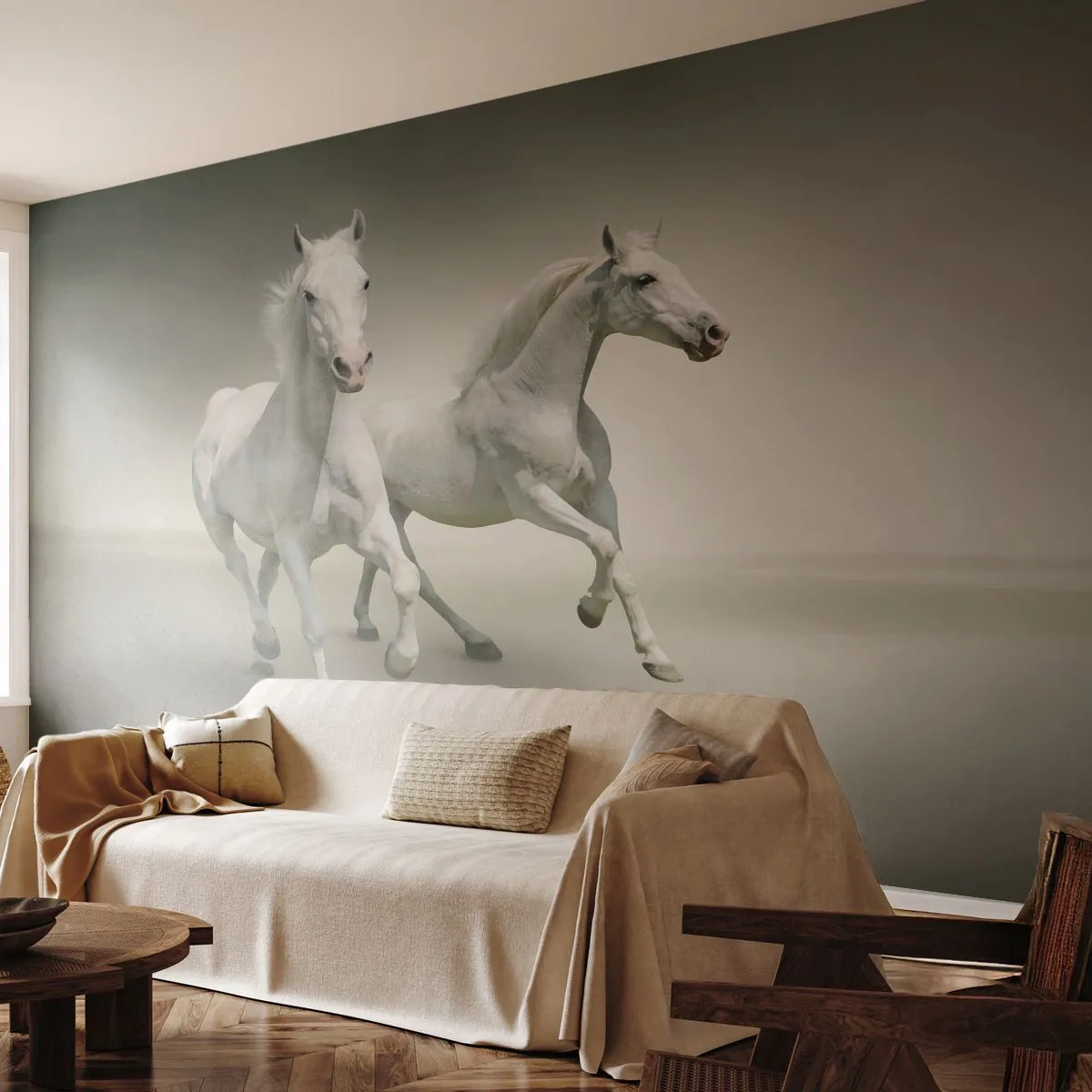 Papier Peint Photo Premium Canvas - White power! - Animaux, Les chevaux, Nature - 300x210 cm