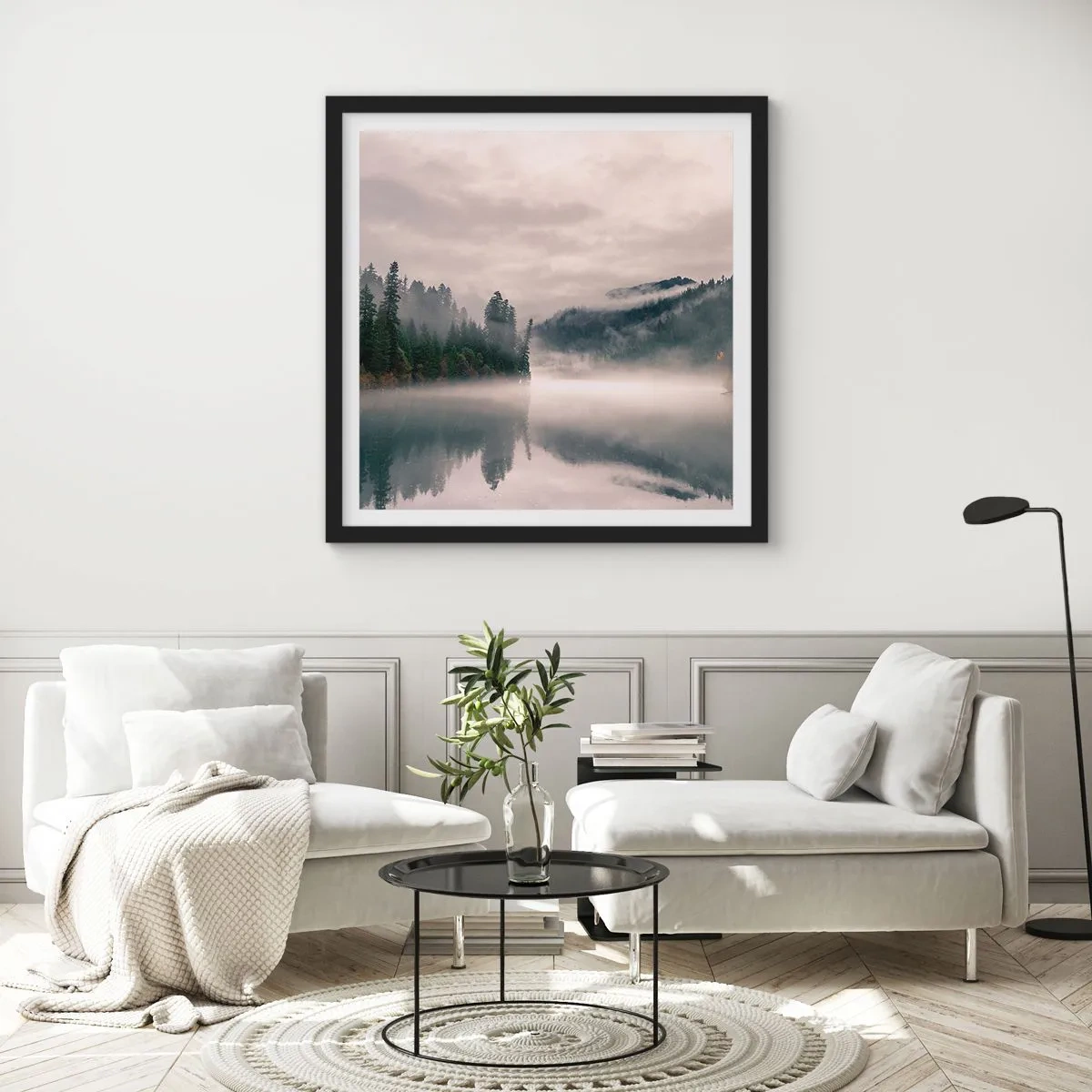 Affiche dans un cadre noir - Poster - Reflet dans le brouillard - 60x60 cm