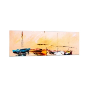 Impression sur verre - Image sur verre - Bateaux colorés sur une eau calme au coucher du soleil - 160x50cm - Soirée à la marina - Décoration murale moderne pour le salon et la chambre ARTTOR