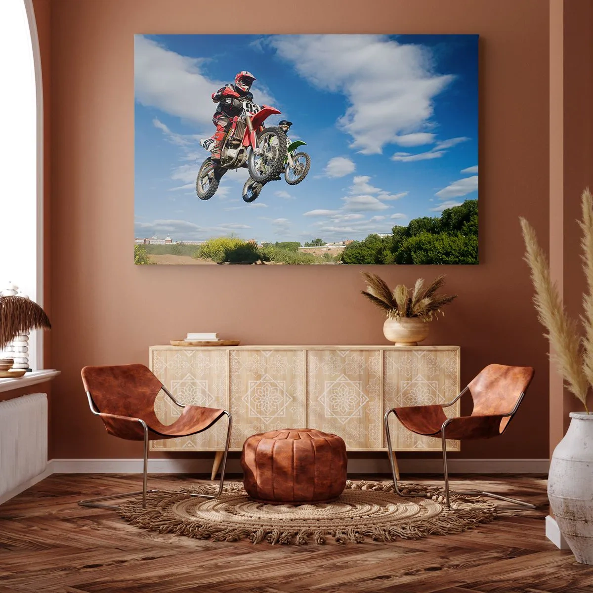 Impression sur toile - Image sur toile - Des pilotes de motocross dans les airs lors d'un saut - 70x50cm - Saut en parachute - Décoration murale moderne pour le salon et la chambre ARTTOR