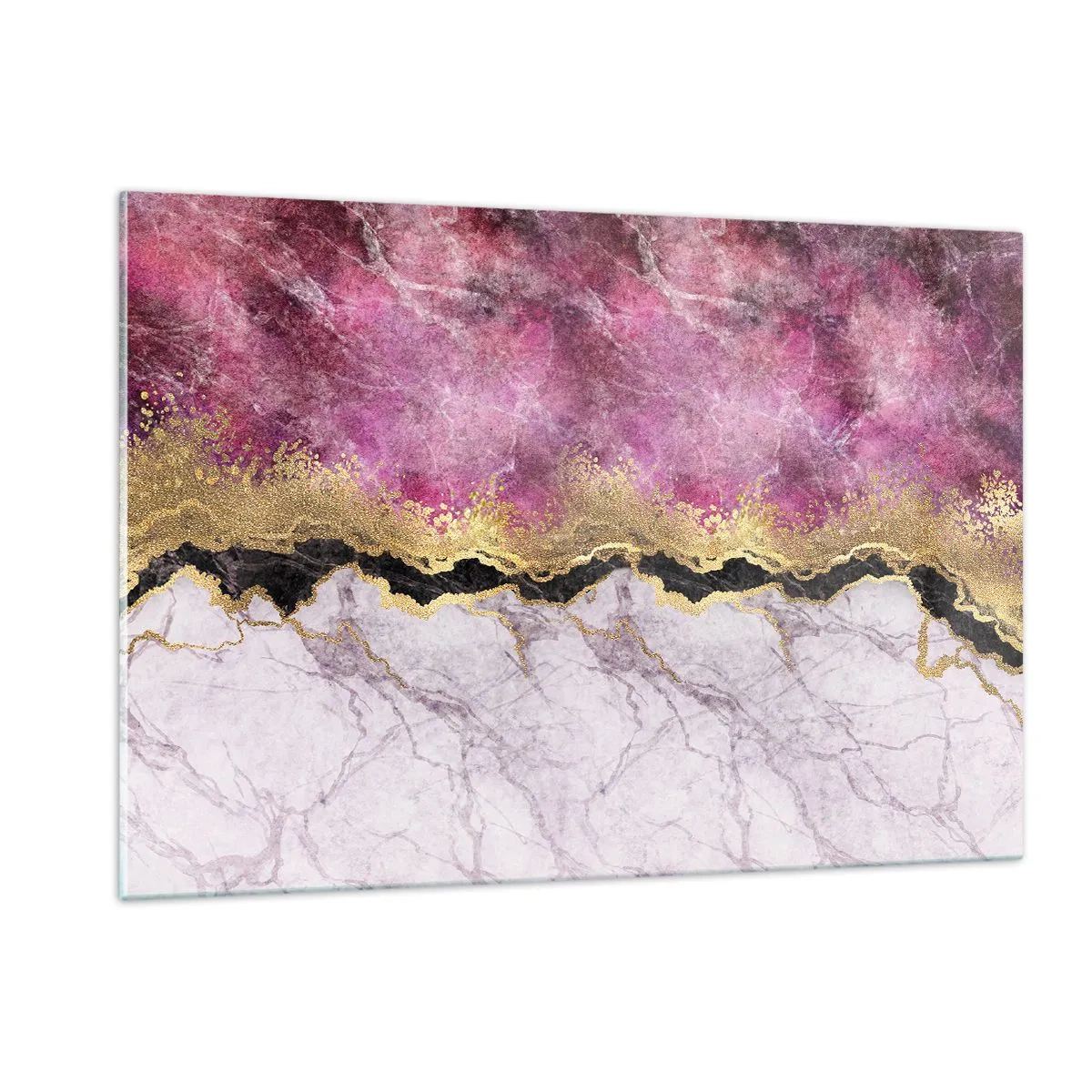 Impression sur verre - Image sur verre - Composition abstraite en marbre avec des accents dorés et violets - 120x80cm - À la frontière - Décoration murale moderne pour le salon et la chambre ARTTOR