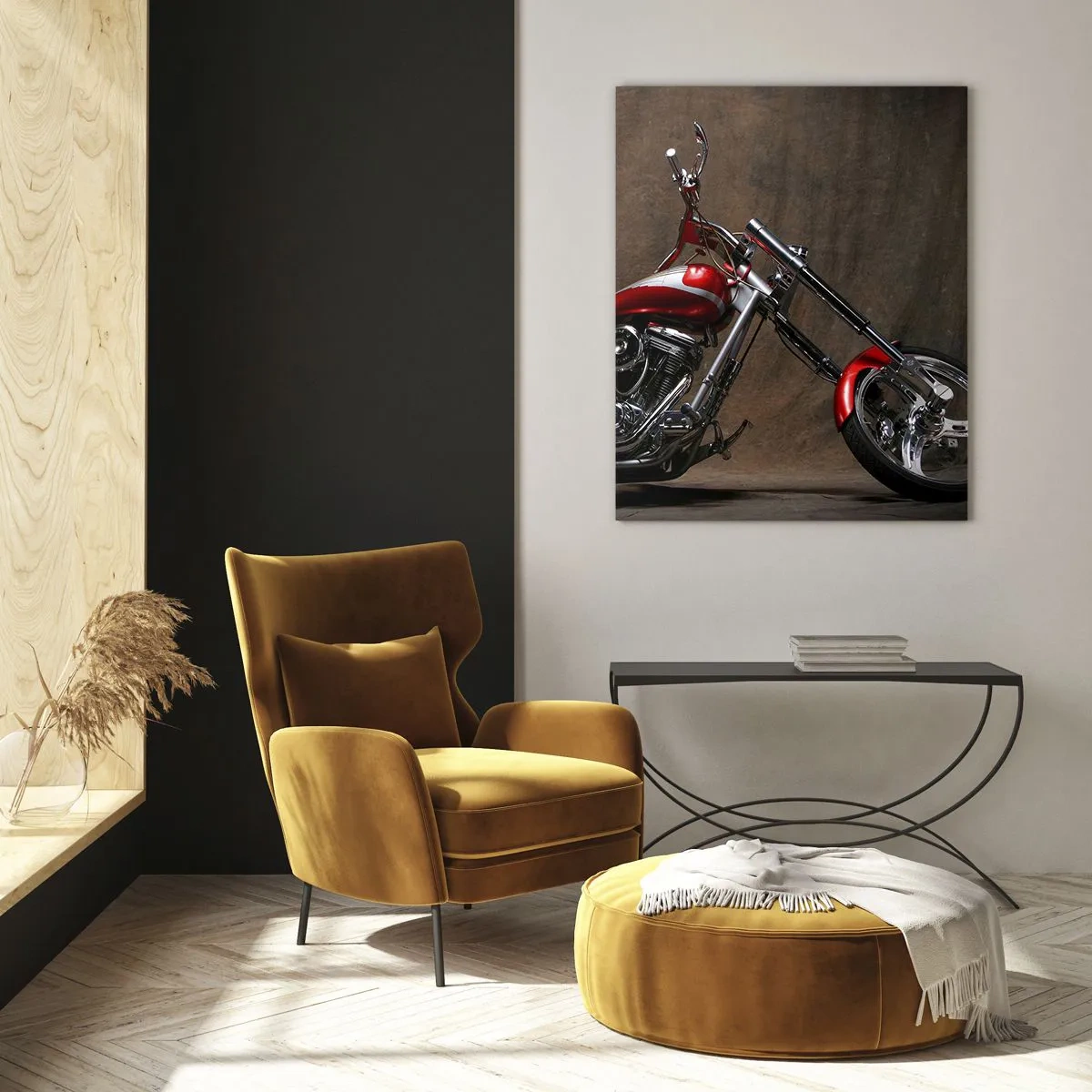 Impression sur verre - Image sur verre - Moto customisée rouge sur fond sombre - 50x70cm - Beauté rouge-argent - Décoration murale moderne pour le salon et la chambre ARTTOR
