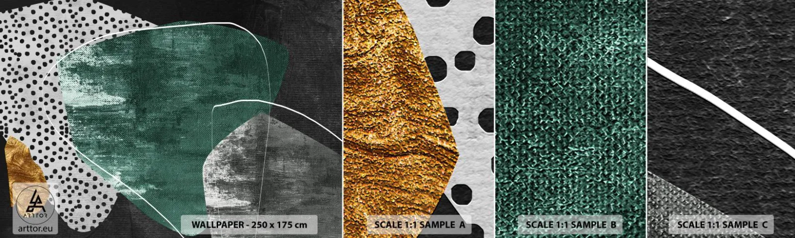 Échantillon de Papier Peint Autocollant Deluxe Sticker - Abstraction colorée avec feuille d'or - Abstraction, Texture, Collage - 100x30 cm