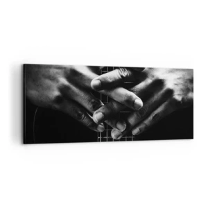 Impression sur toile - Image sur toile - Mains jointes sur une guitare dans un ton monochrome - 120x50cm - Prière d'artiste - Décoration murale moderne pour le salon et la chambre ARTTOR