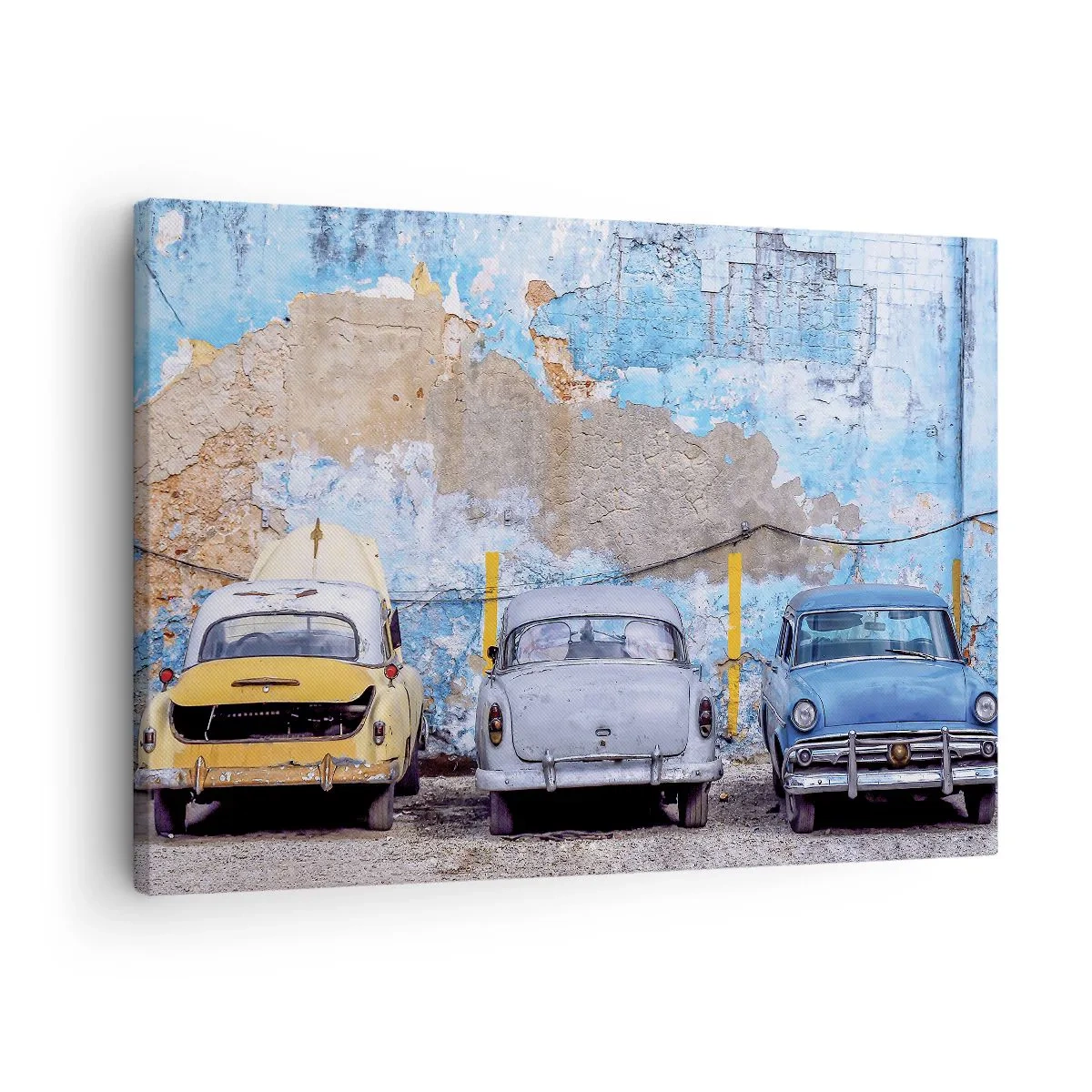 Impression sur toile - Image sur toile - Vieilles voitures sur fond de mur détruit - 70x50cm - Rencontre de vétérans - Décoration murale moderne pour le salon et la chambre ARTTOR