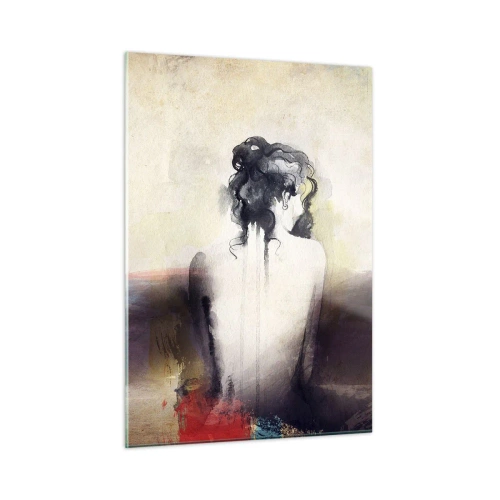 Impression sur verre - Image sur verre - Un portrait subtil d'une femme sur un fond de paysage pastel. - 50x70cm - Lignes lisses, formes ovales - Décoration murale moderne pour le salon et la chambre ARTTOR