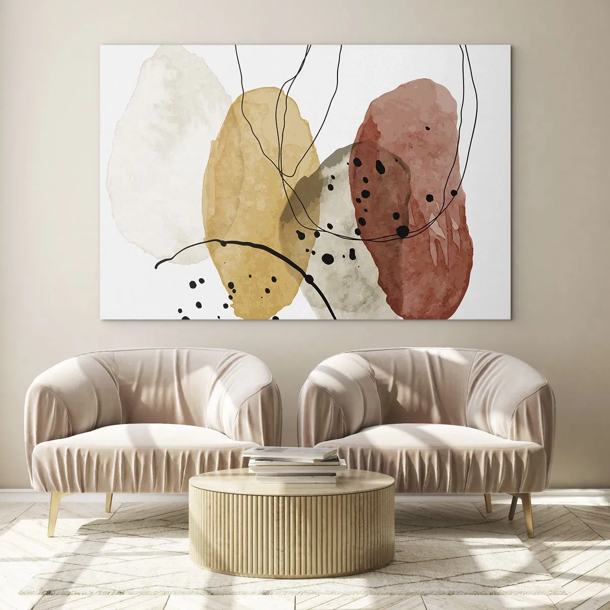 Impression sur verre - Image sur verre - Taches abstraites de couleur terre avec des lignes fines - 70x50cm - Léger et transparent comme l'air - Décoration murale moderne pour le salon et la chambre ARTTOR