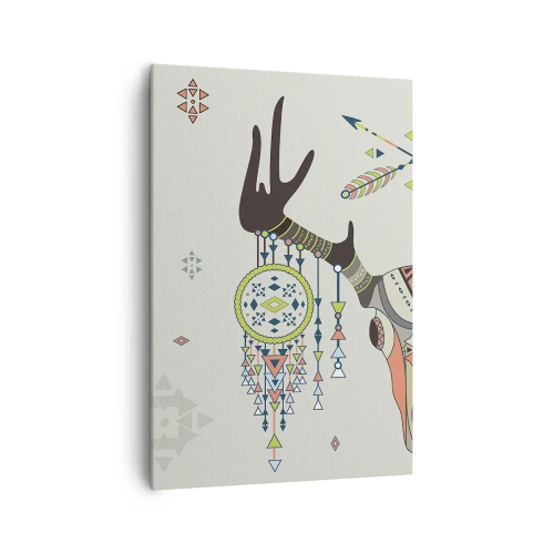 Impression sur toile - Image sur toile - Décoration bohème avec crâne de cerf et attrape-rêves - 70x100cm - Trophée du chasseur indien - Décoration murale moderne pour le salon et la chambre ARTTOR
