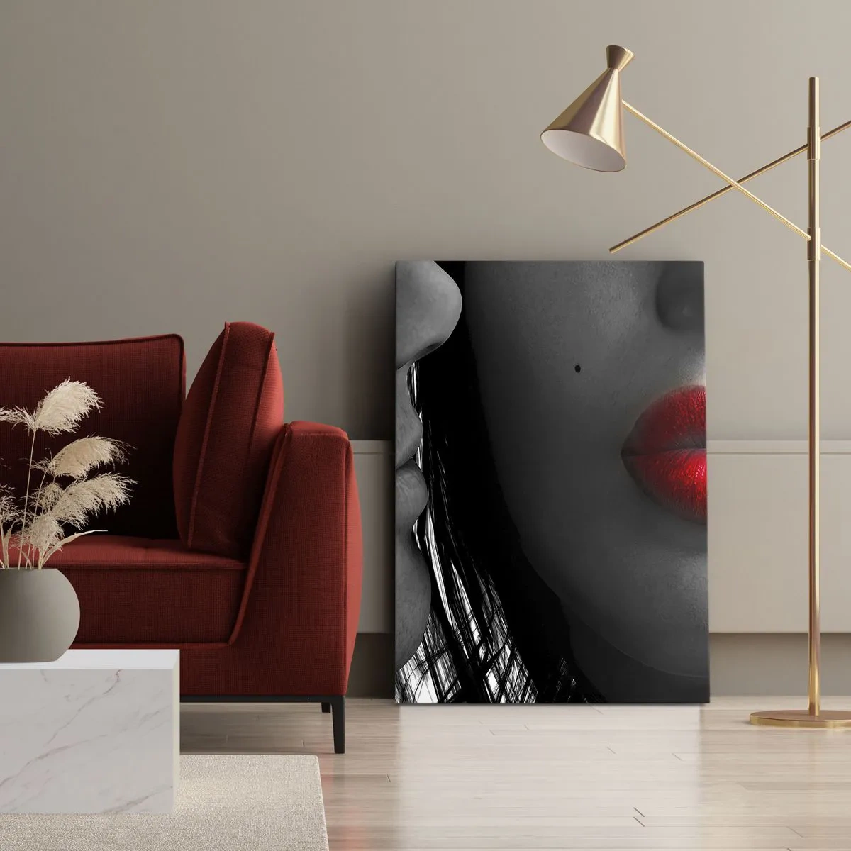 Impression sur toile - Image sur toile - Gros plan des visages d'une femme et d'un homme aux lèvres rouges. - 50x70cm - Face à face - Décoration murale moderne pour le salon et la chambre ARTTOR