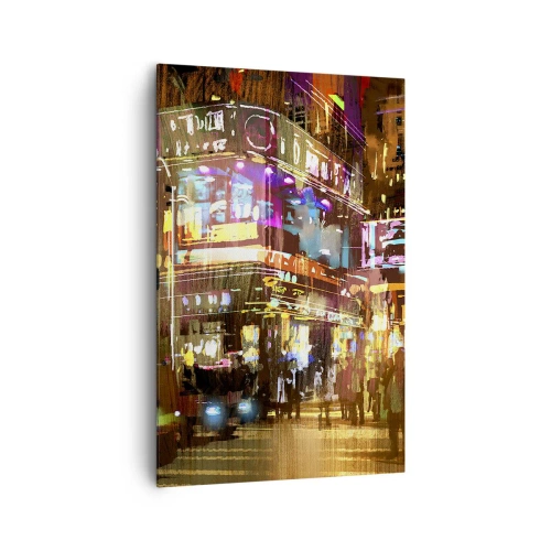 Impression sur toile - Image sur toile - Une ville animée la nuit sous la lumière des néons - 80x120cm - Dans une mer de lumière - Décoration murale moderne pour le salon et la chambre ARTTOR