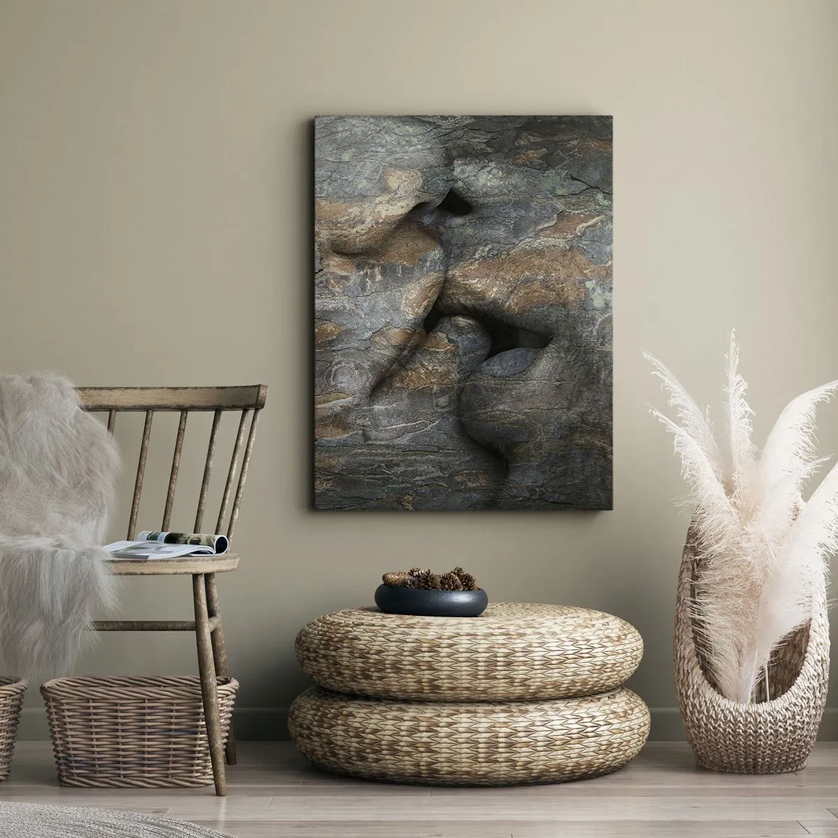 Impression sur toile - Image sur toile - Un motif artistique d'un visage sculpté dans la roche avec un effet de texture naturelle. - 50x70cm - Ensemble pour toujours - Décoration murale moderne pour le salon et la chambre ARTTOR