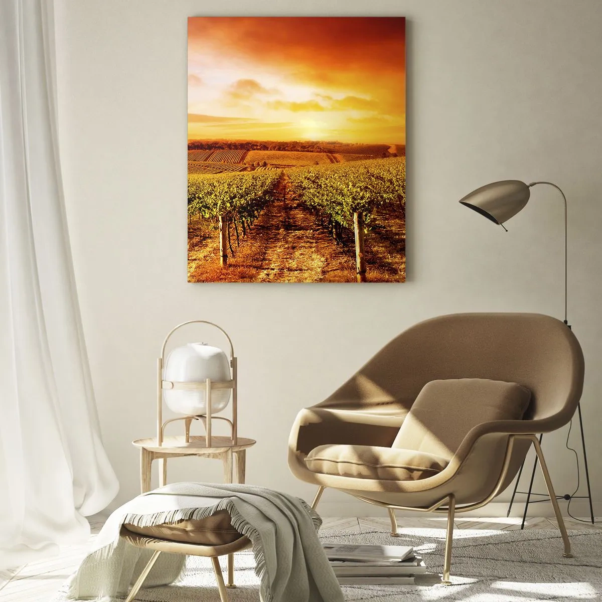 Impression sur verre - Image sur verre - Vignoble au coucher du soleil avec des tons de ciel chauds - 70x100cm - Légèrement fruité avec une pointe de soleil - Décoration murale moderne pour le salon et la chambre ARTTOR
